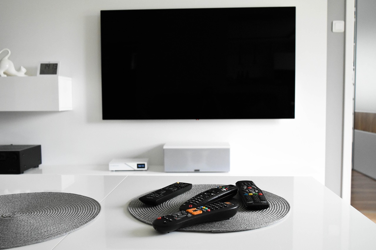 Remote control pointed at a large television screen in a living room, streaming Danish IPTV