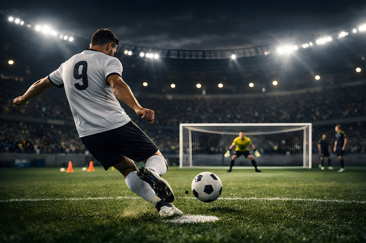 Striker taking a penalty in a floodlit stadium at night, the kind of match Romanians abroad stream